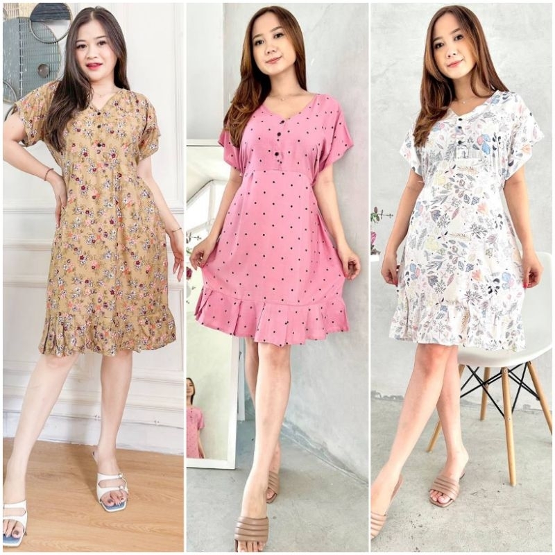 LDS - Daster Mahalini Pendek Dress Kancing Elegan Rayon Motif Cantik (Busui Friendly)