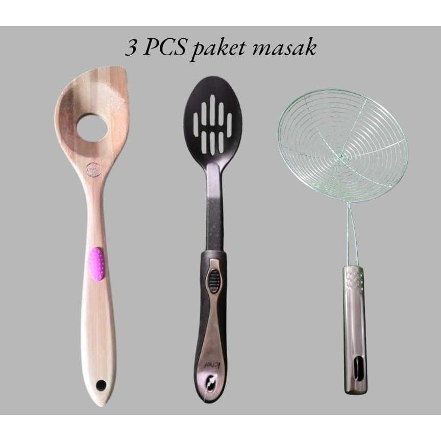 3 PCS paket masak (Slotted Spoon Ichef + Sutil Kayu Model Lubang Ifa Ichef + Saringan Minyak Stainle