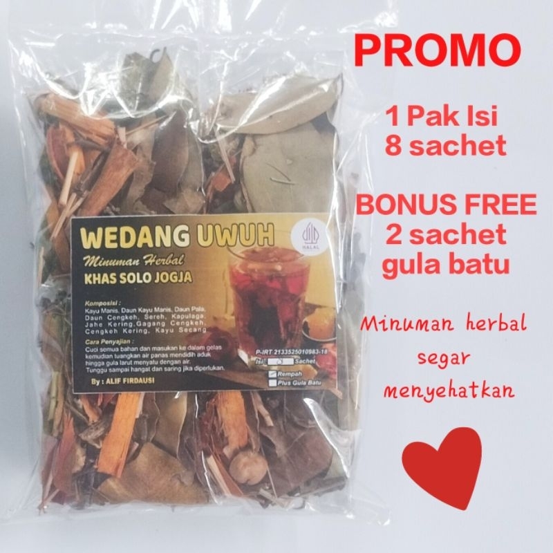 

U01 Promo WEDANG UWUH 1 Pak (8 Sachet + GRATIS 2 sachet Gula Batu) Khas SOLO JOGJA bahan Kayu Secang Cengkeh Jahe Kapulaga Kayu Manis Sereh Komplit Siap Saji racikan rempah turun temurun dengan aroma harum nikmat