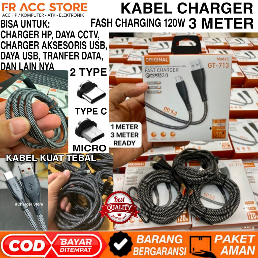 Kabel Type C 3 Meter Fast Charging 120W Kabel Micro USB 3 meter kabel Charger Kabel cctv / kabel dat