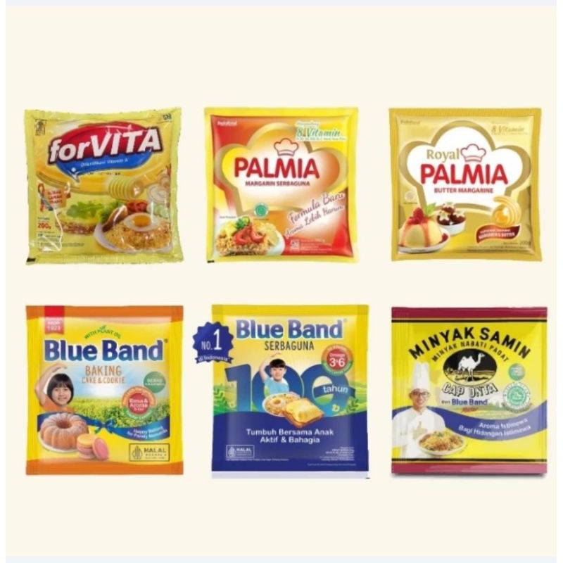 

BLUEBAND C&C, BLUEBAND SERBAGUNA, PALMIA SERBAGUNA, PALMIA ROYAL, FORVITA, MINYAK SAMIN (200gr)