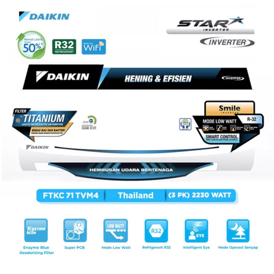 Daikin AC Wall Mounted Split Inverter Star Thailand 3 PK - FTKC71TVM4 + RKC71TVM4