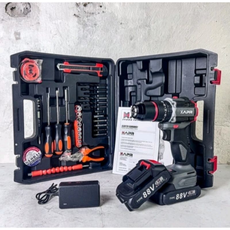 APR AP 20 + BOR CORDLESS BATERAI BRUSHLESS 13 MM 2 BATERAI KOPER FULL ACCESORIS