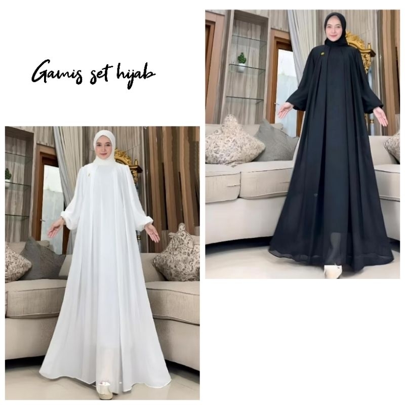 Sarah Maxi Gamis Jumbo Hijab Motif Polos Bahan Ceruty Non Busui Lengan Balon Pesta Mewah