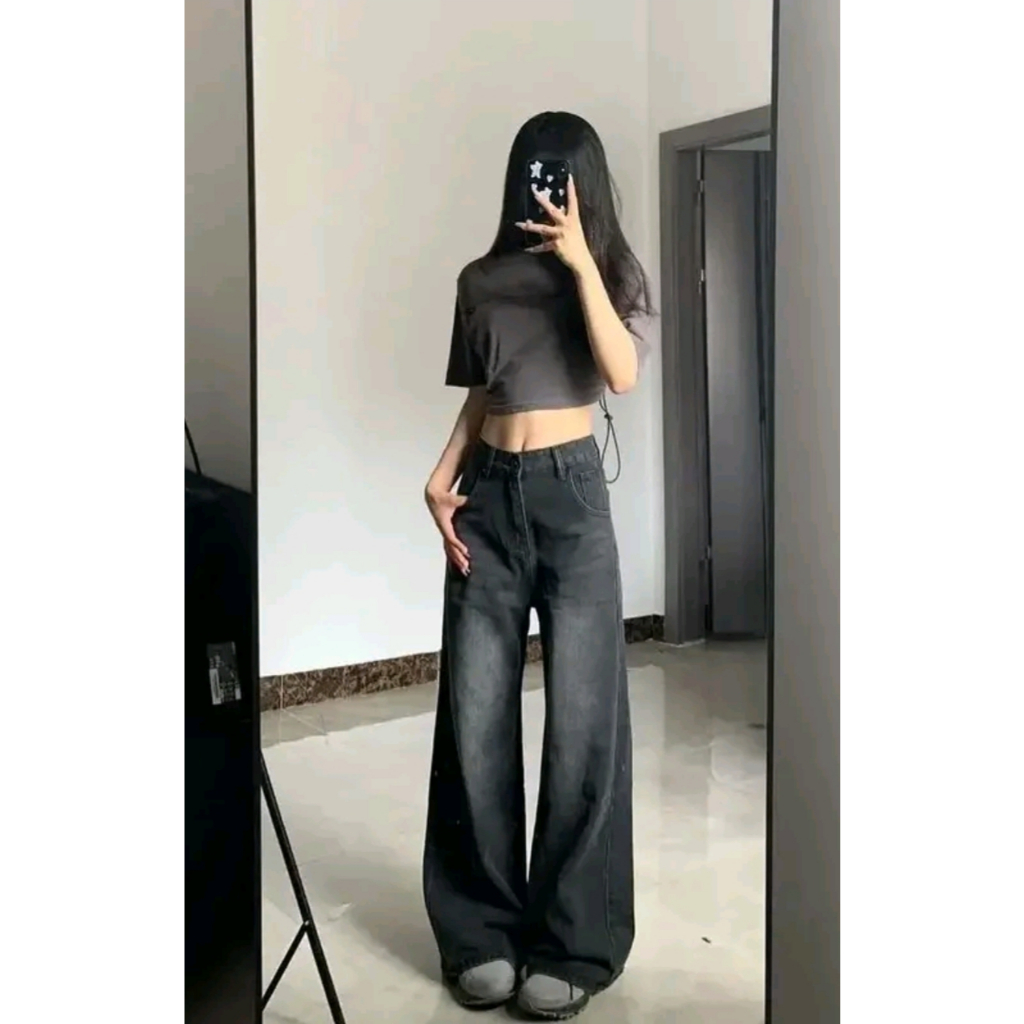 Celana Baggy Jeans Retro Wanita Highwaist Loose Korea Style Kulot Acid Grey Panjang 100cm - Beggy Je