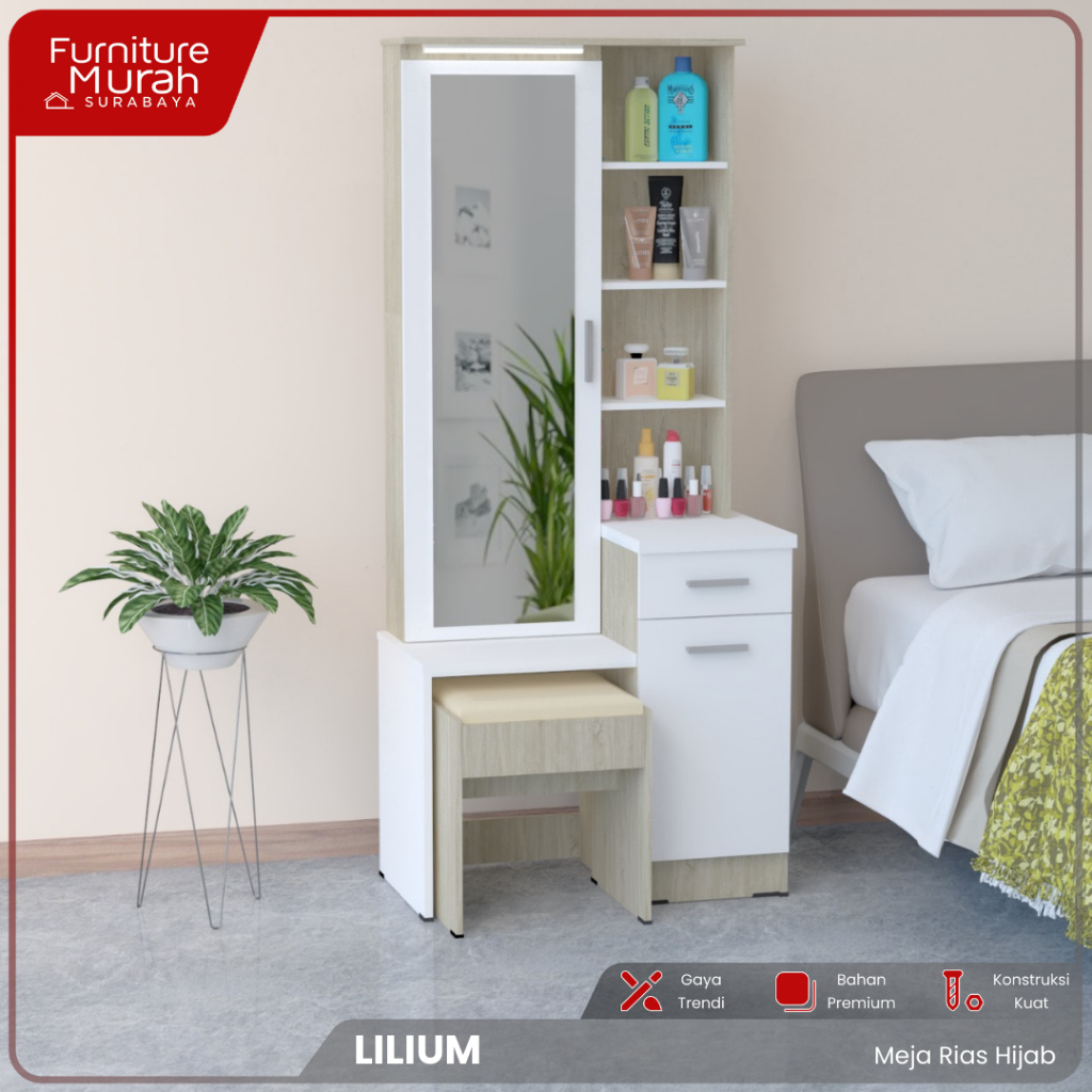 Furniture Murah Surabaya - Meja Rias Hijab Minimalis LED dengan Rak Hijab dan Kursi Meja Rias Multif