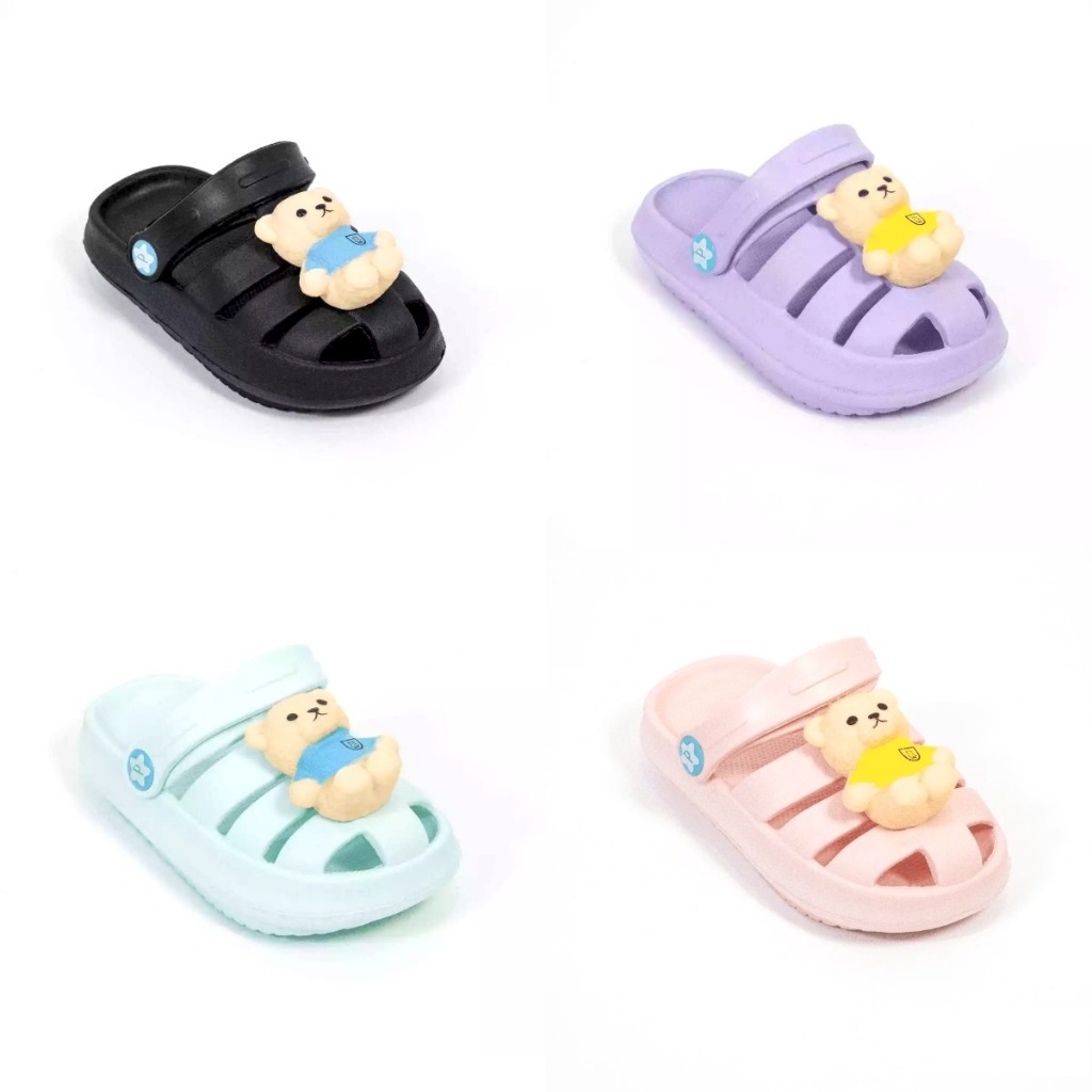 SENDAL ANAK PEREMPUAN TALI BELAKANG PORTO WARNA PASTEL AKSESORIS BERUANG 3047K-3