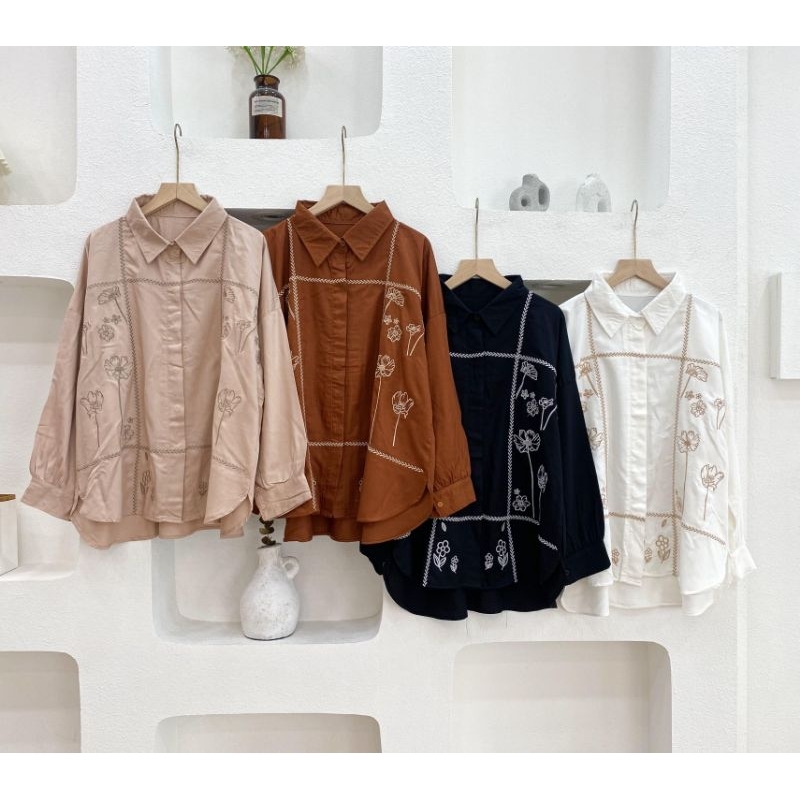 Kemeja Twill Rayon motif Bunga Bordir