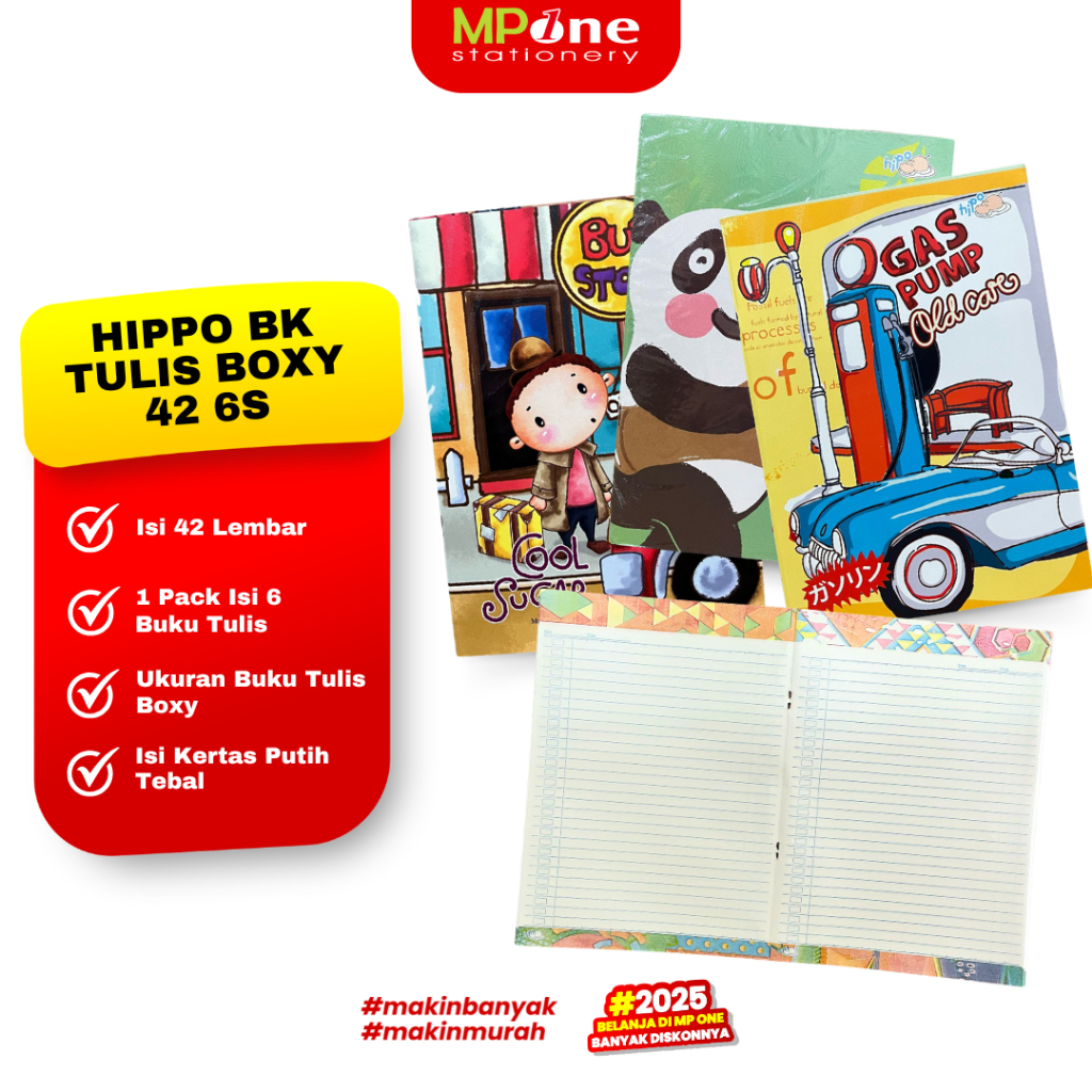 

(1 PACK) Hippo Buku Tulis Boxy 42 Lembar Macam Macam Cover / Buku Tulis Ukuran Boxy Kertas Bergambar Isi 6 Pcs 42 Lembar HIPPO