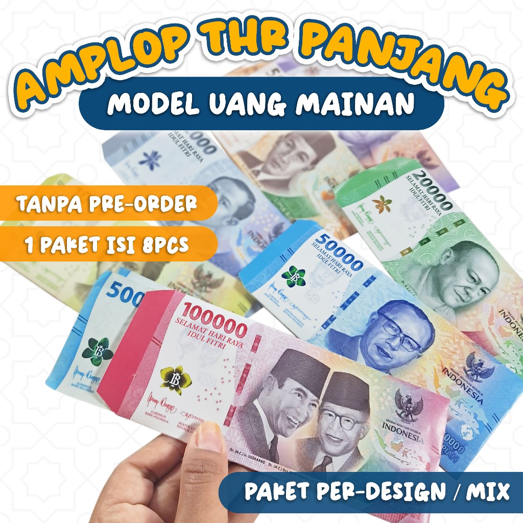 

Amplop THR Panjang Model Uang Mainan / Custom Amplop Lebaran 1 Paket 8pcs