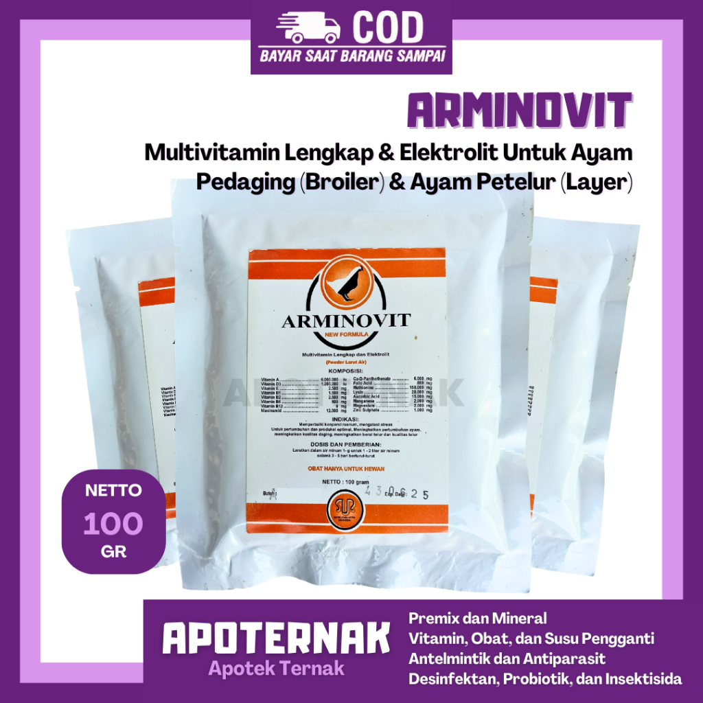 ARMINOVIT 100 gram | Multivitamin Lengkap Elektrolit Asam Amino Ayam Bebek | Ayam Broiler Ayam Layer