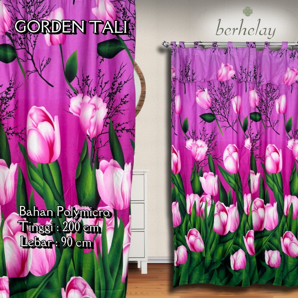 Gorden Tali + Poni Polymicro Pintu Atau Jendela Motif Bunga Tulip Ungu