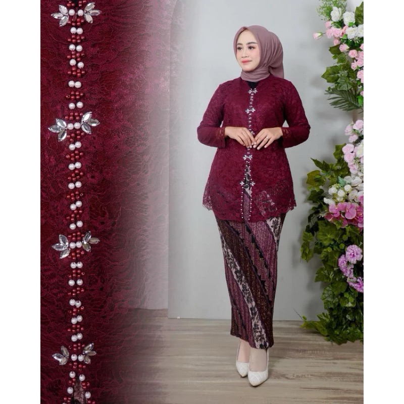 stelan kebaya encim brokat moderen busui friendly ful payet bahan brokat sudah includ dalaman furing