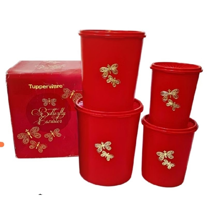 Deco Canister Set Butterfly Red + Box, Toples Tupperware ori.
