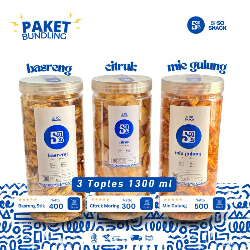 

PAKET BUNDLING 3 TOPLES HEMAT - Basreng - Mie Gulung - Citruk Moring - SO SNACK