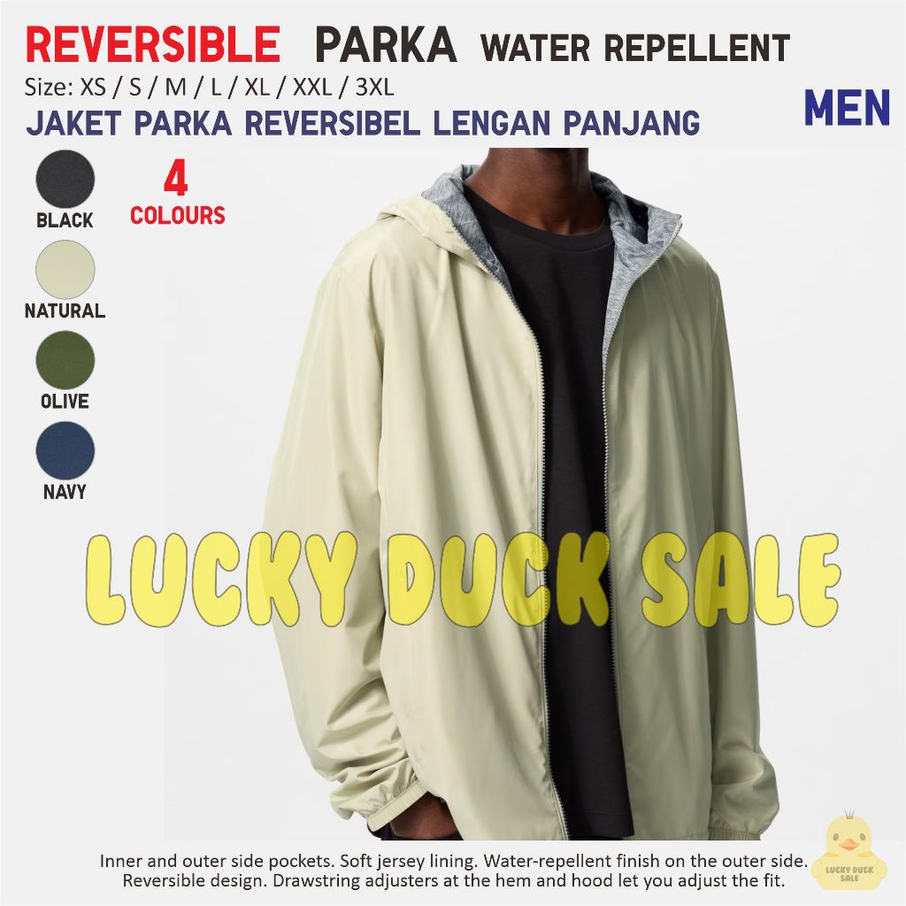 Men Reversible Parka Jaket Reversibel Hujan Bolak Balik Pria UNIQLO