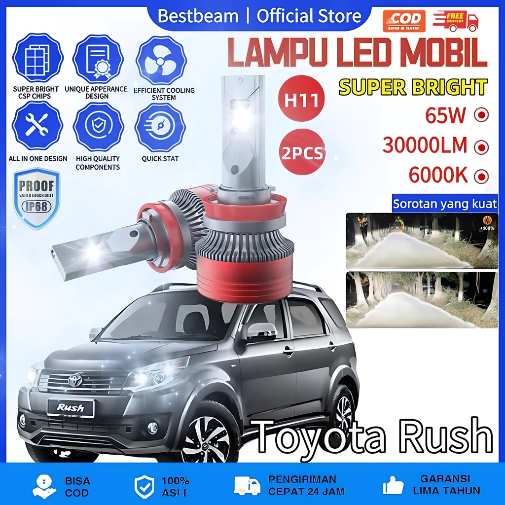 [Toyota Rush] LAMPU LED MOBIL H4 H11 H1 H7 9005 9006 9012 65 WATT 30000LM 6000K SEPASANG LA-7