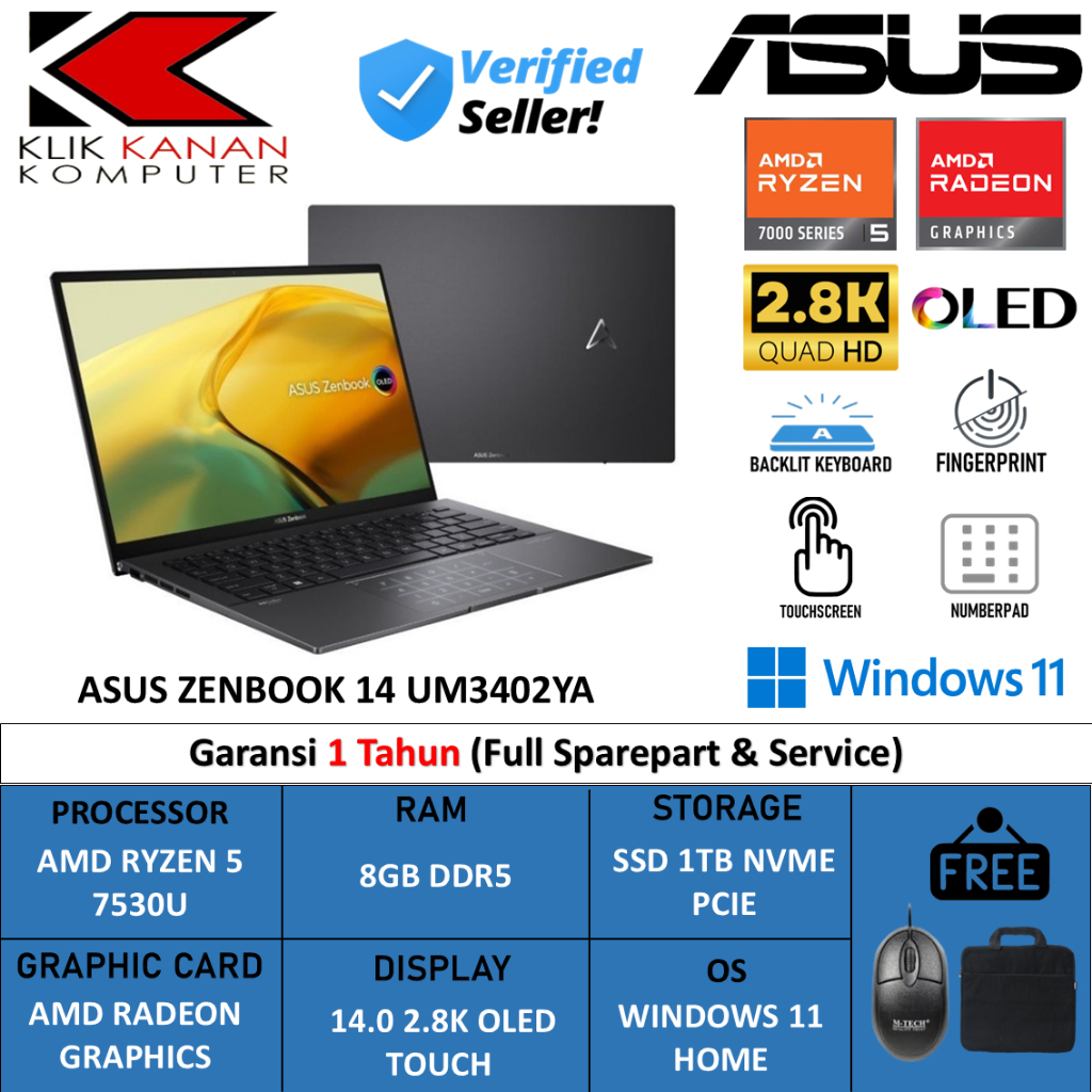 ASUS Zenbook 14 OLED UM3402YA Amd Ryzen 5 7530U 1TB SSD 2.8K Oled Touch Backlit Finger Numberpad