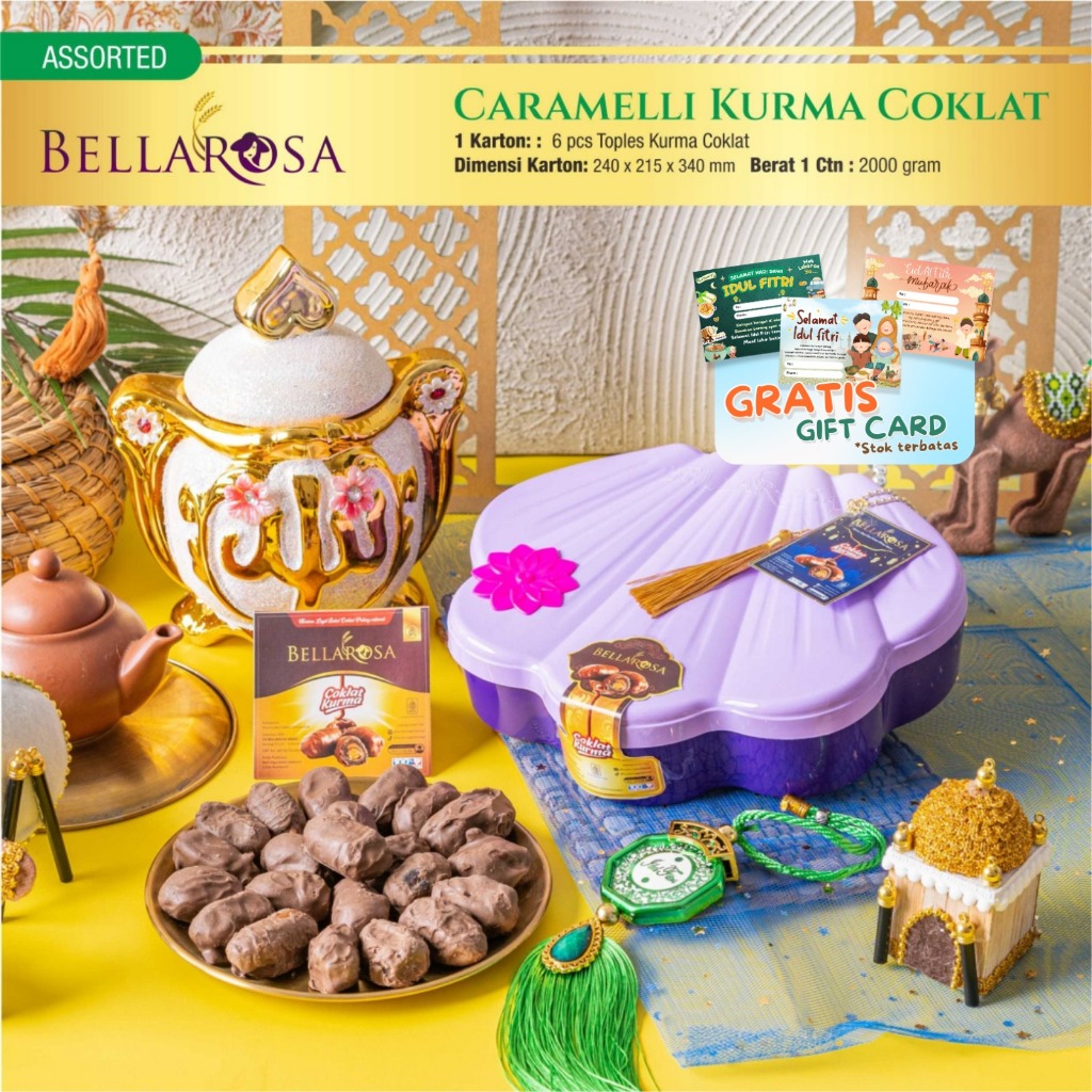 

PAKET KUE EDISI LEBARAN TAHUN 2025 BELLAROSA CARAMELLI KURMA COKLAT UNGU 1 KARTON ISI 6 EMBER