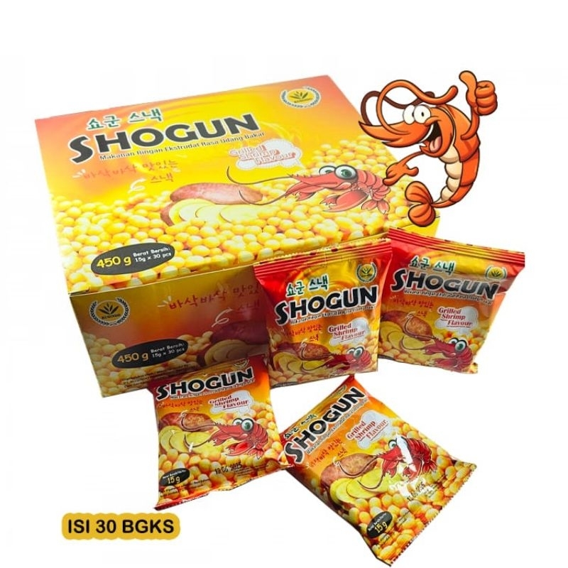 

Shogun makanan ringan dengan rasa udang bakar / kotak isi 30 bks