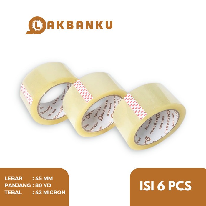 

Lakban Bening LAKBANKU Ukuran 45mm x 80yd x42micron (1 roll isi 6 pcs)