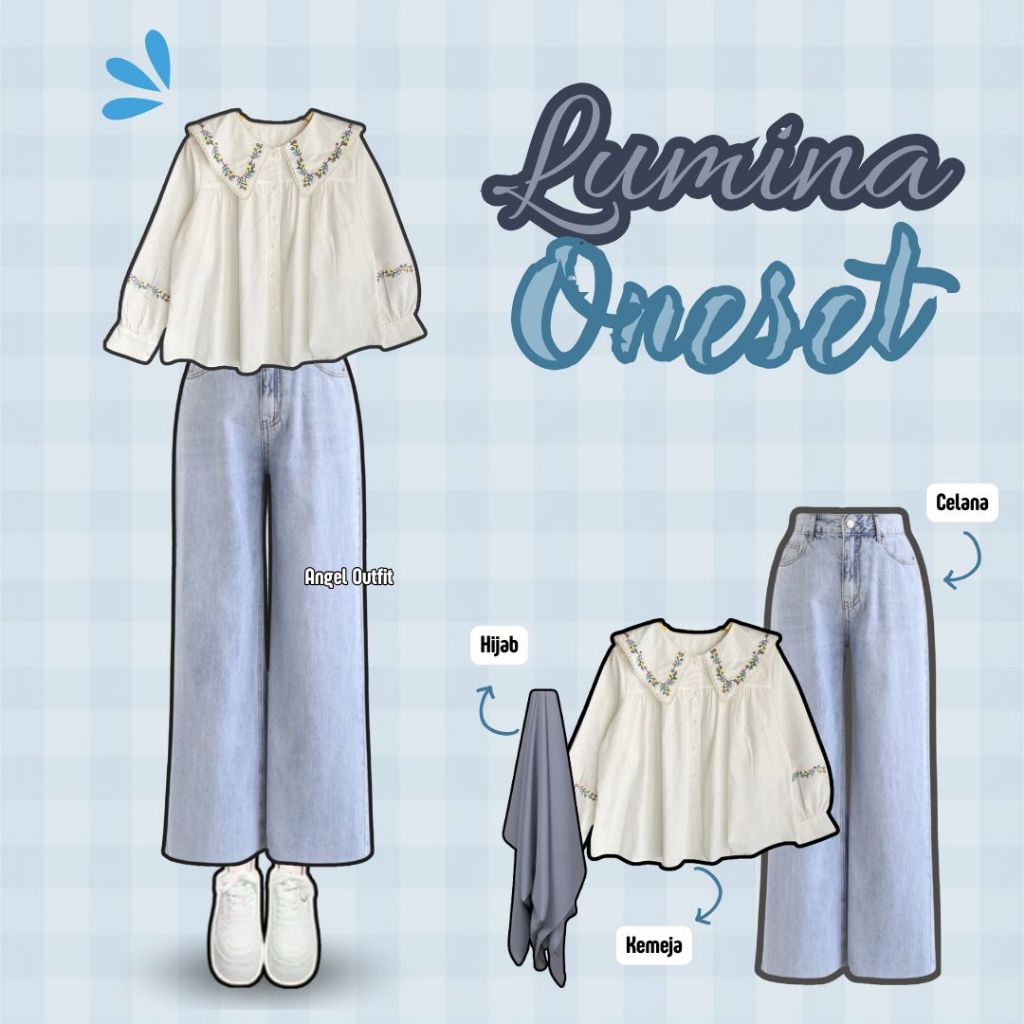 3IN1 Korean Style (Kemeja, Celana Jeans, Hijab) One Set Wanita Hijab OOTD - KB20