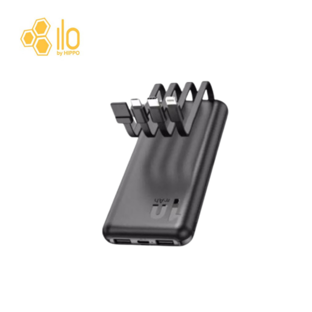 Hippo PowerBank Fast Charging Coral 10000Mah USB Built in 3 Cable 2.4A 5 Output Power Bank Type C & 
