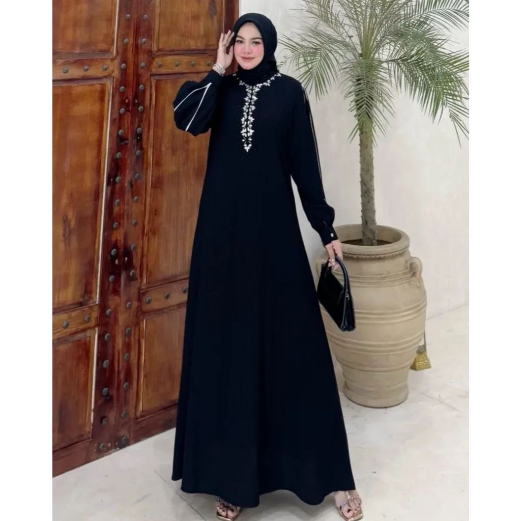 Kiukiu Talita Abaya - Abaya Hitam Payet Mewah - Gamis Abaya Ceruty Polos Mutiara - Gamis Muslim Abay