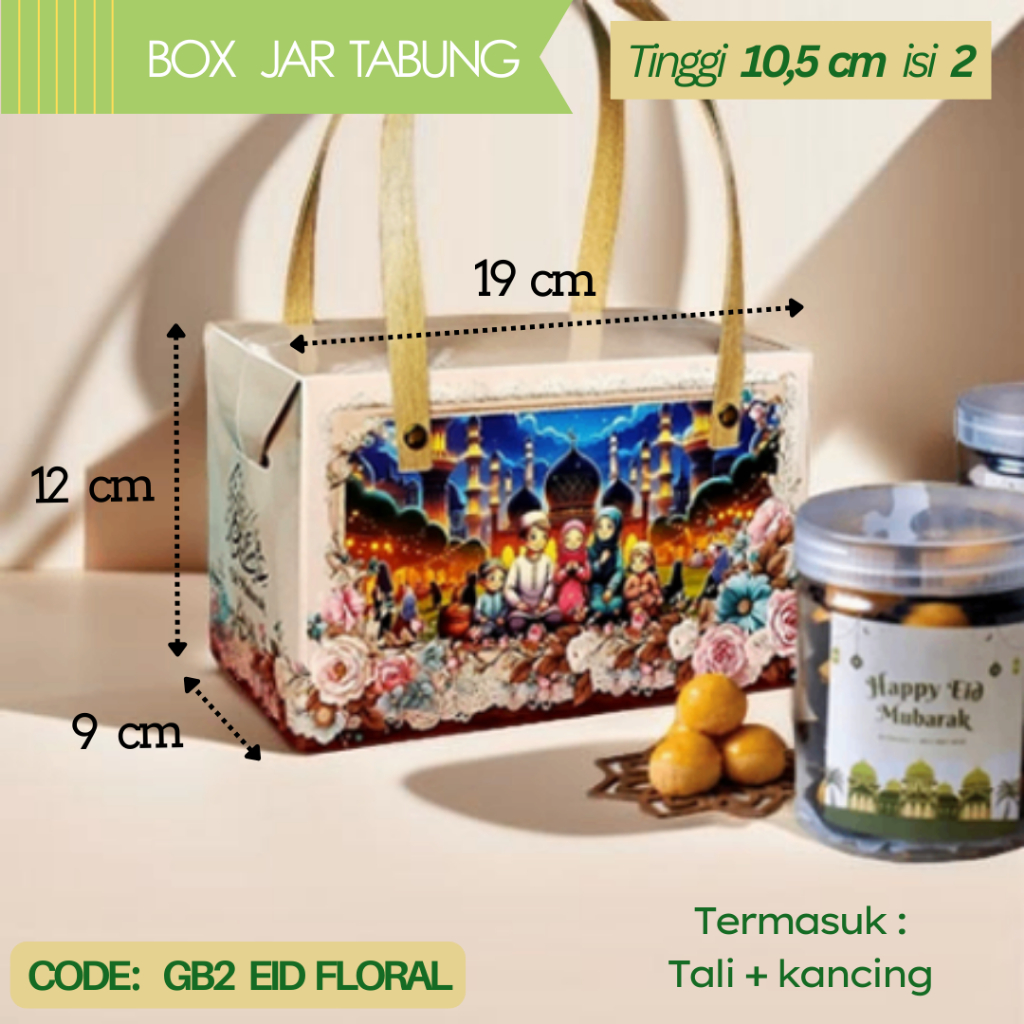 

Handle Box Packaging Lebaran GB2 / Dus Kemasan 2 Toples Tabung Jar PET 600ml / Dus Jinjing Hampers Idul Fitri - Eid Floral