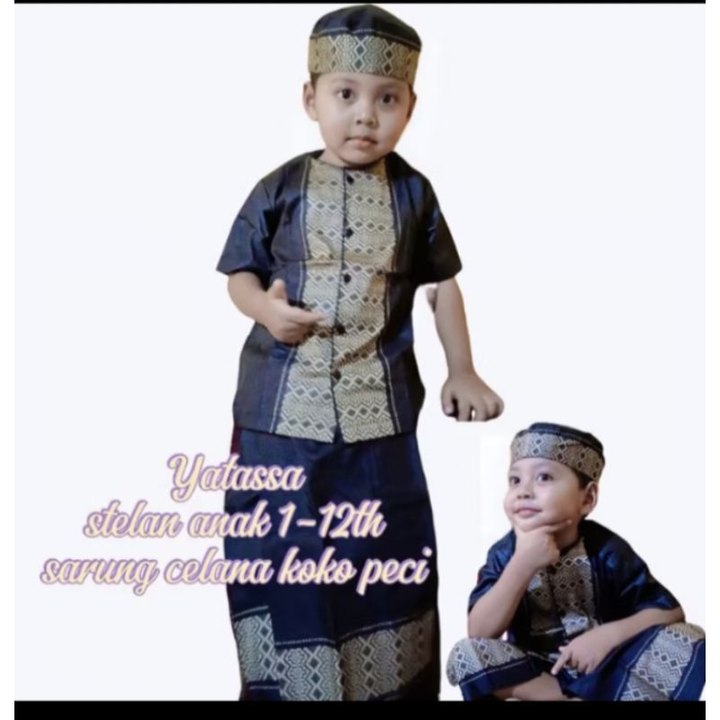 setelan sarkoci/sarung koko peci anak usia 1-12 tahun bahan polyester warna hitam navy maroon dan hi