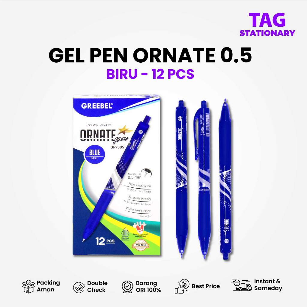 

GREEBEL PULPEN GEL / Gel Pen Ornate GP-505 0.5 Biru (12PCS/SET) / Ballpen Gel Bolpen Bolpoin Cetek