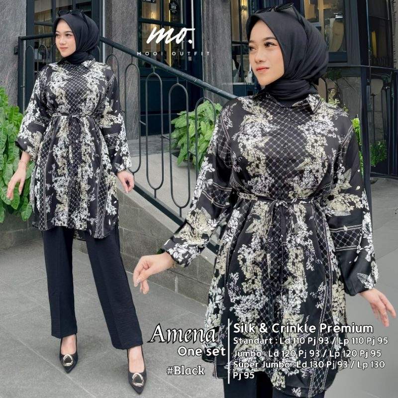 Amena One Set - Setelan Tunik Motif Jumbo Wanita Kekinian Crinkle Ld 110 120 130 Setcel Terbaru Stel