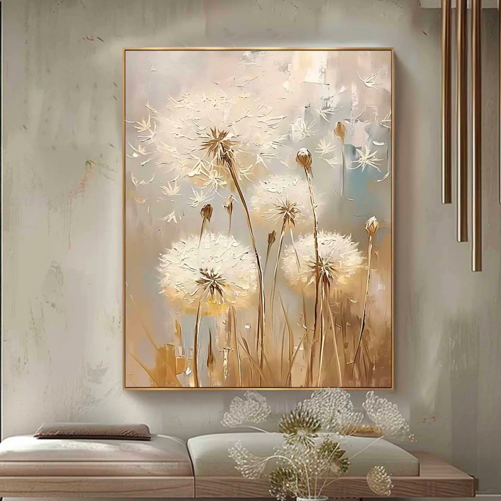 Lukisan Dinding Kanvas Bunga Dandelion Berbisik Tekstur Beige Aesthetic