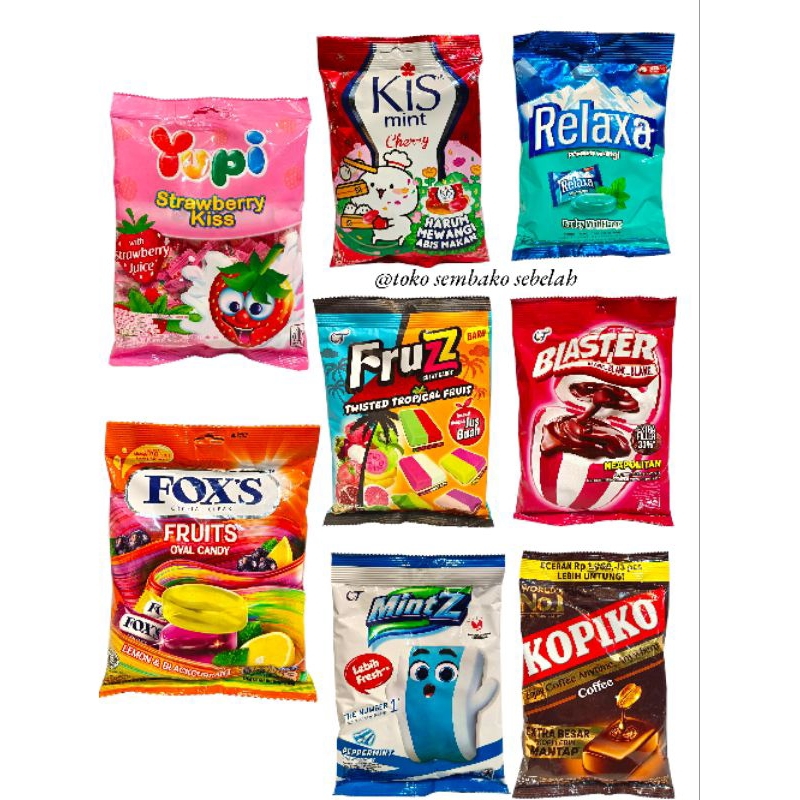 

Aneka Permen Yupi Foxs Kiss Fruzz Mintz Relaxa Blaster Kopiko Milkita || 1 Pak Random