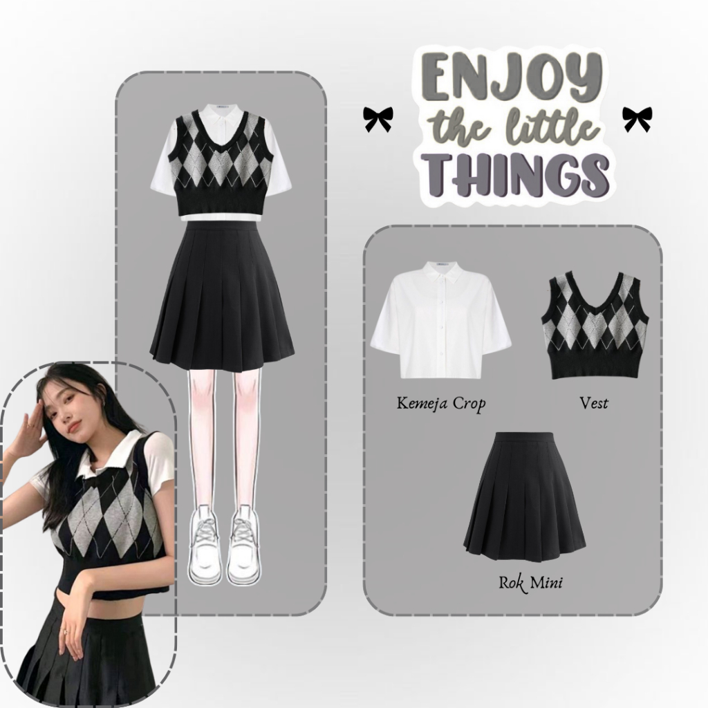 One Set Vest Setelan Wanita Crop Ala Korea (Kemeja Crop+Vest+Rok Mini) Uniform Korean School Style -