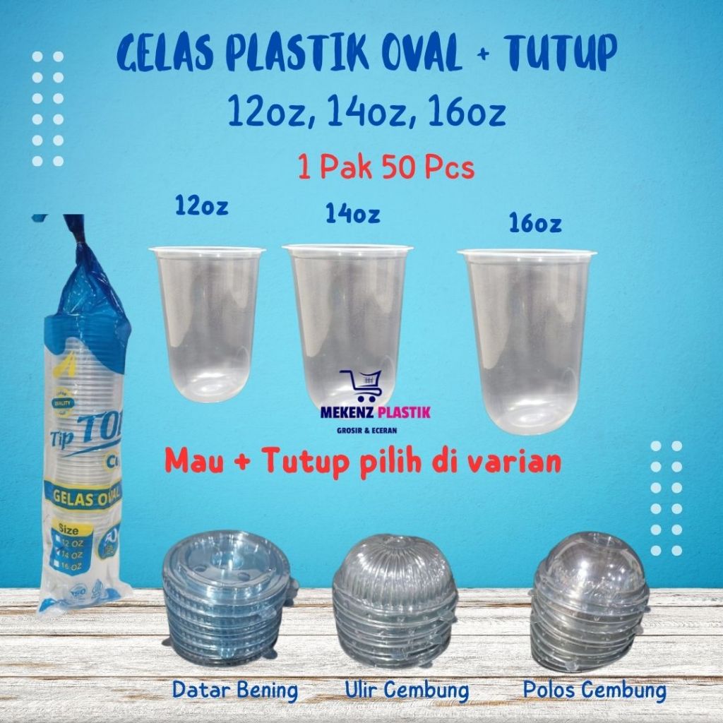 Gelas Cup Plastik Oval l U Cup 12oz 14oz 16oz + Tutup isi 50 Pcs