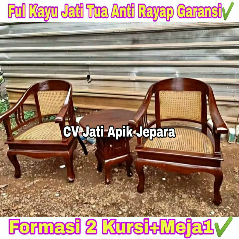 Set Kursi Teras Betawi Lenong  Kayu Jati Kombinasi Rotan