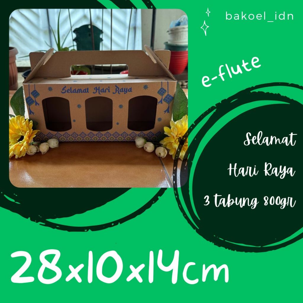 

Gable Box E-Flute Toples Tabung 800 Kue Isi 3 Hampers Lebaran