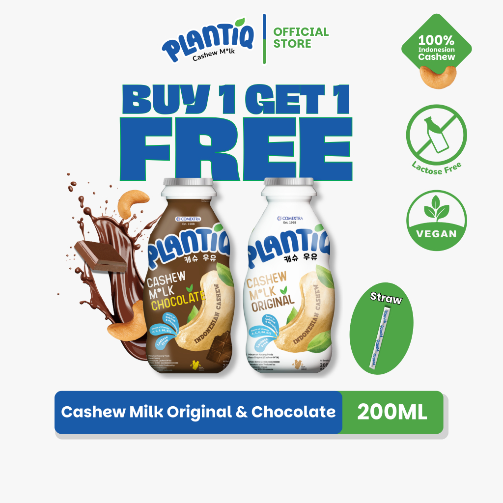 

[BUY 1 GET 1 FREE MIX] PLANTIQ Cashew Milk Original Chocolate 200ml - Susu Kacang Mede Rasa Original & Coklat - Non Dairy Milk Lactose Free