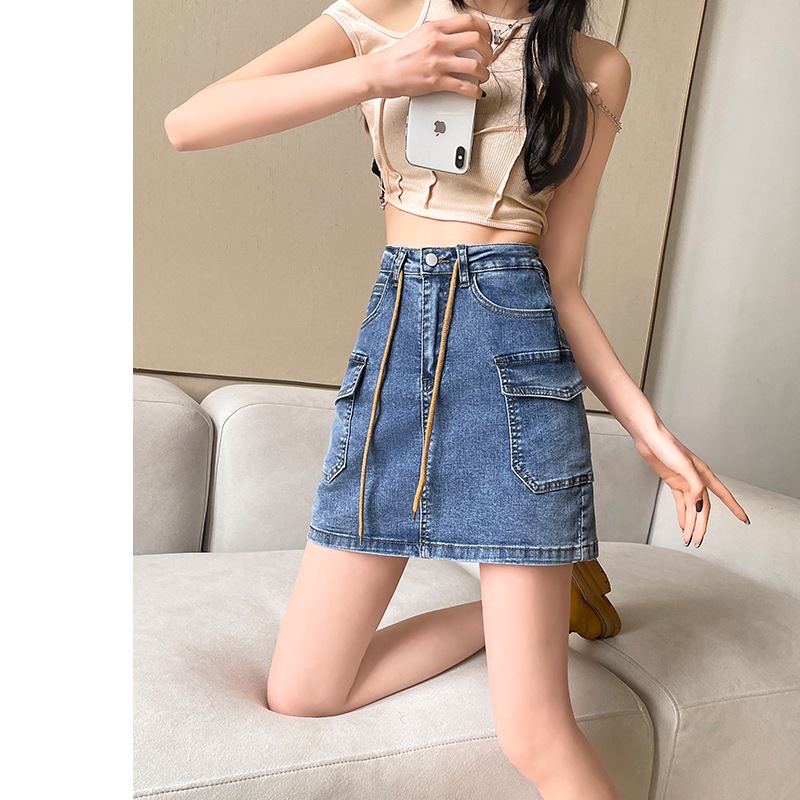 Rok Mini Wanita Tali Serut HW Rok Jeans Cargo Korea Style Kekinian R030