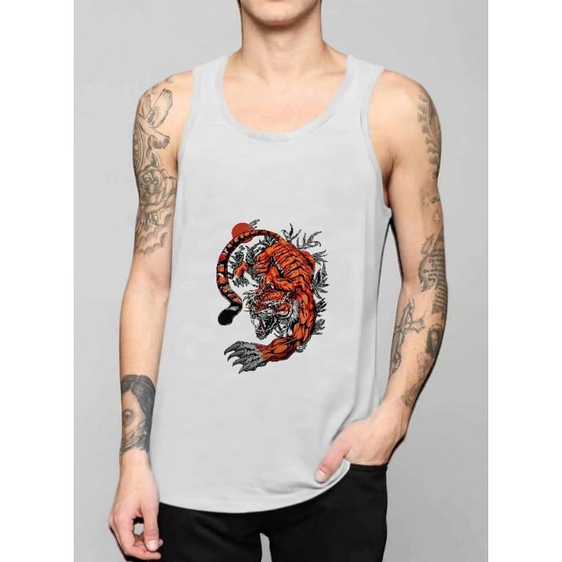 KAOS SINGLET MACAN ORANGE MOTIF DTF DIGITAL PRINT TERBARU KAOS DALAMAN TANKTOP PRIA MURAH BANYAK WAR