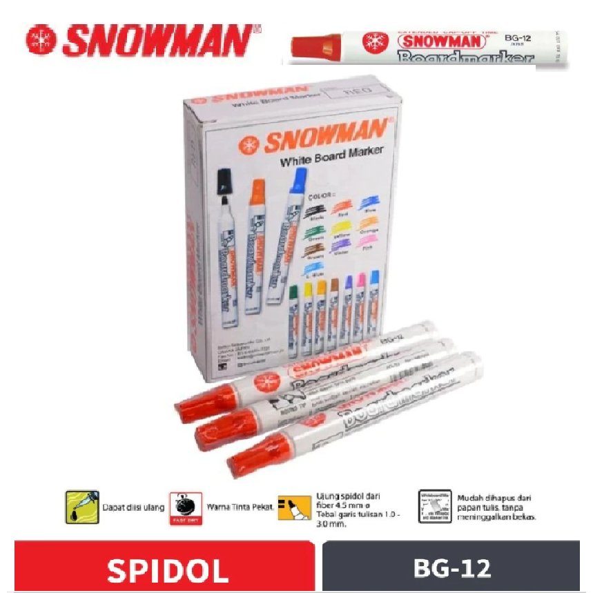 

Snowman Spidol Papan Tulis BG-12 RED 1box(12pcs) BISA DIHAPUS Warna Merah 6pcs & 12pcs/Perbox