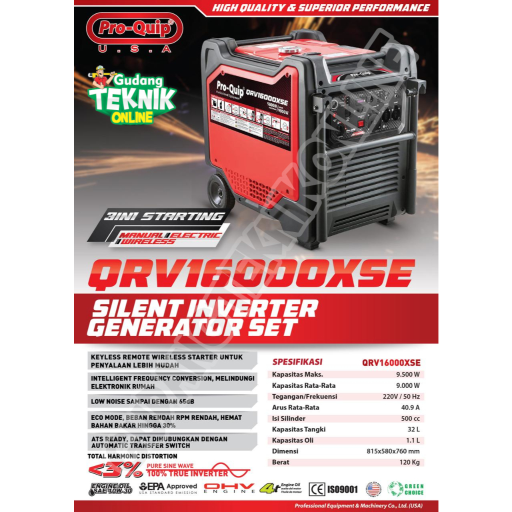 Genset Silent 9500Watt PROQUIP QRV16000XSE / Power Generator Inverter QRV 16000XSE 9500W Gasoline Be