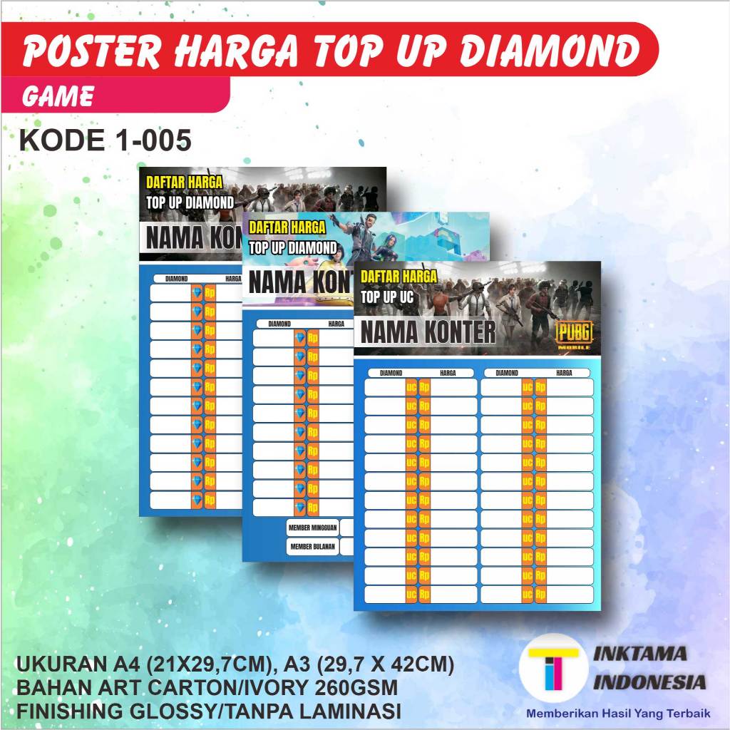 

Poster Konter Daftar Harga Top Up Game Diamond Free Fire Mobile Legend PUBG