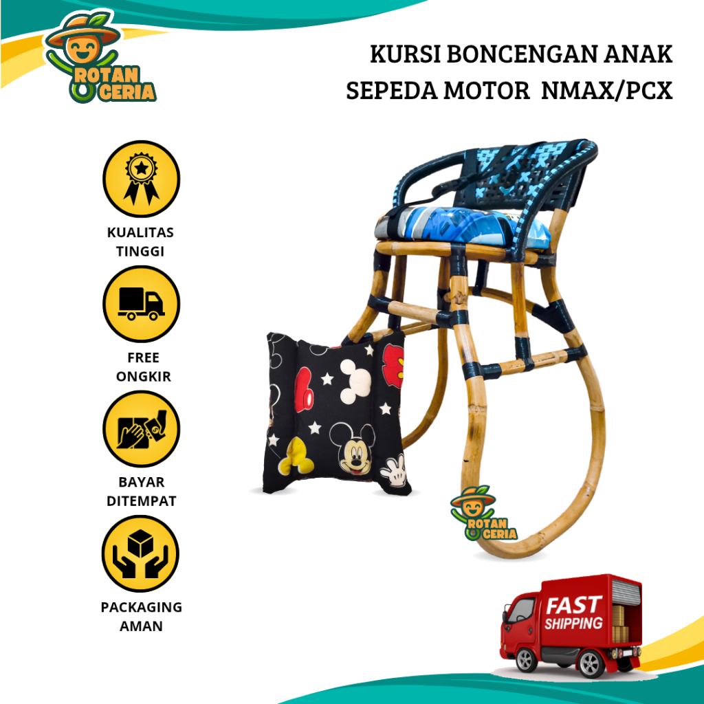 Kursi Boncengan Motor NMAX/PCX untuk Anak Tidak Full Anyaman Jok Karakter GRATIS BANTAL STANG