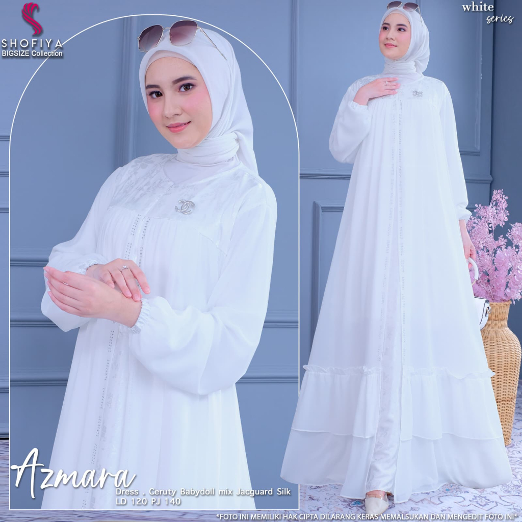 Azmara baju dress gamis syari wanita muslim jumbo ld 120 ceruty putih polos mewah elegan lebaran