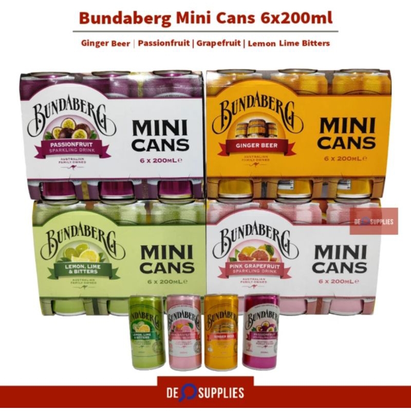 Bundaberg Minuman Kaleng Australia 6x200ml (1Karton) - Ginger Beer | Passionfruit | Grapefruit | Lem