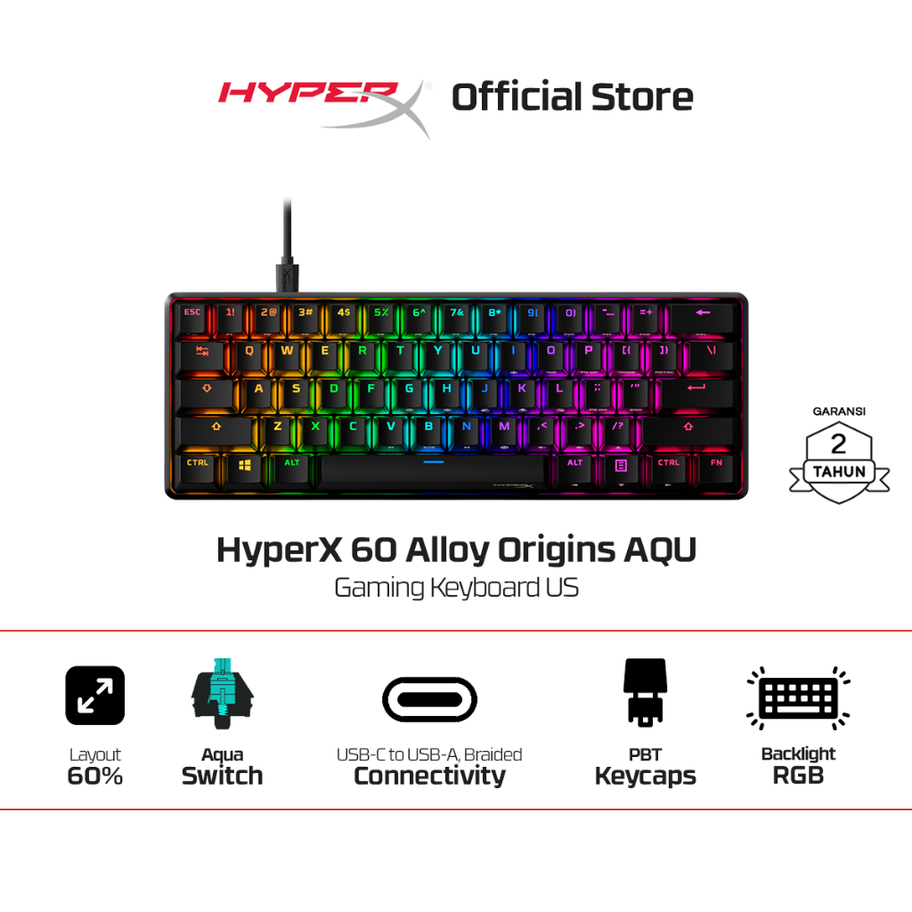 HyperX Keyboard Gaming Alloy Origins 60 60% Wired Aqua Mechanical Switch Aluminium PBT Keycaps RGB L