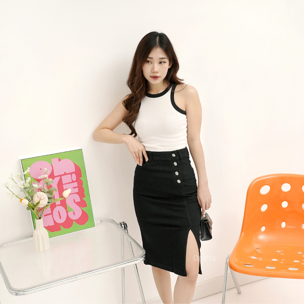 Onetta - Rok Jeans Wanita Jumbo Span Stretch Pendek MELISSA Skirt Black