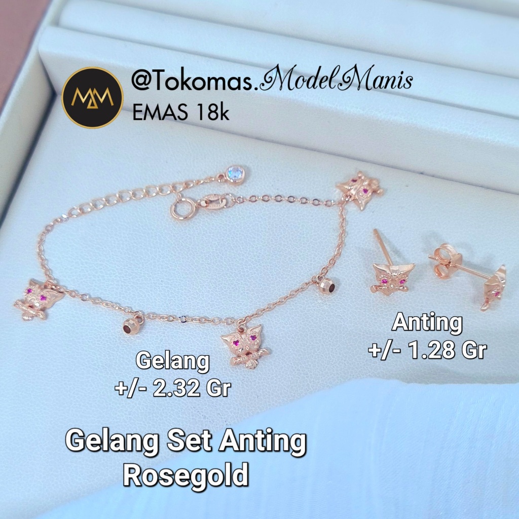 Gelang Set Anting Owl Italy AU Rosegold 750 kadar 18k